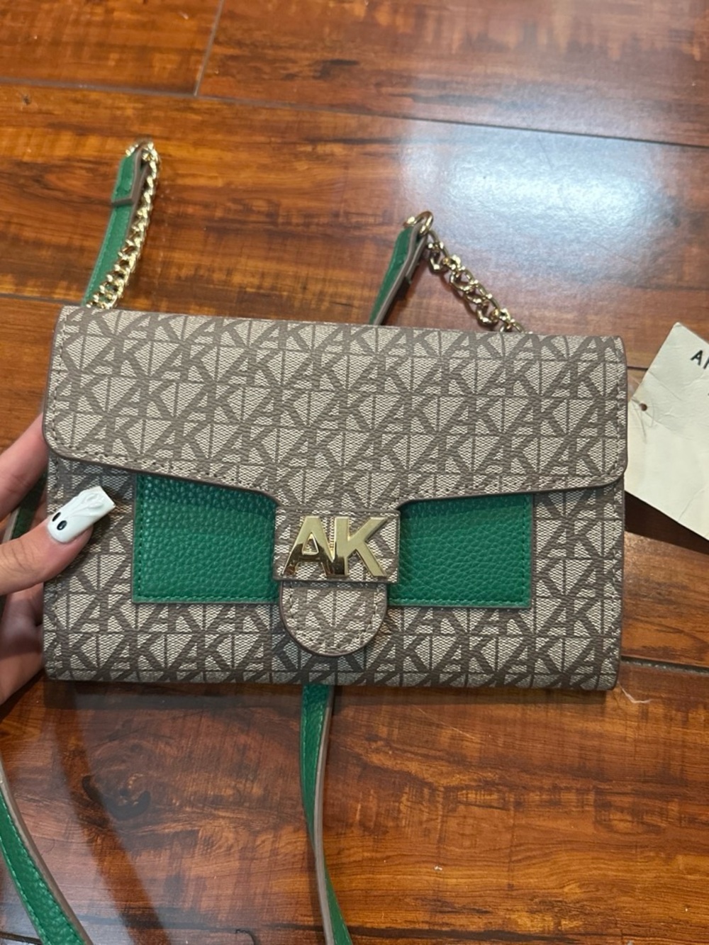 Anne Klein Brown Logo Crossbody with Green Accents